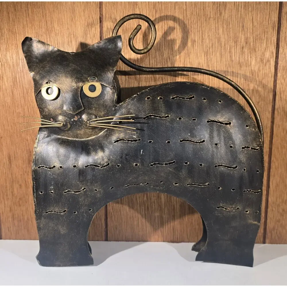 Metal Cat Candle Holder Lantern Black Gold Pierced Folk Art Indonesia 11
